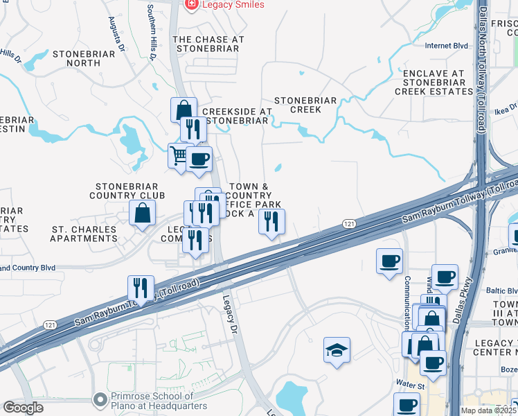 map of restaurants, bars, coffee shops, grocery stores, and more near 5800 Town and Country Boulevard in Frisco
