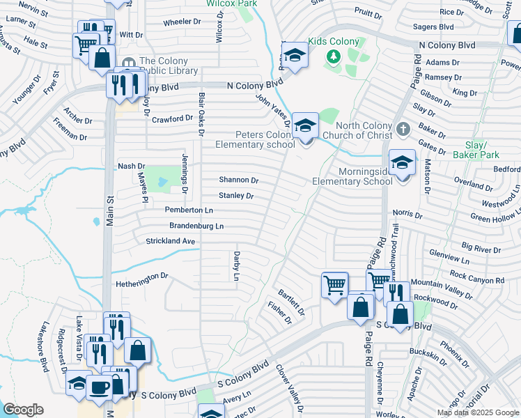 map of restaurants, bars, coffee shops, grocery stores, and more near 5061 Pemberton Lane in The Colony