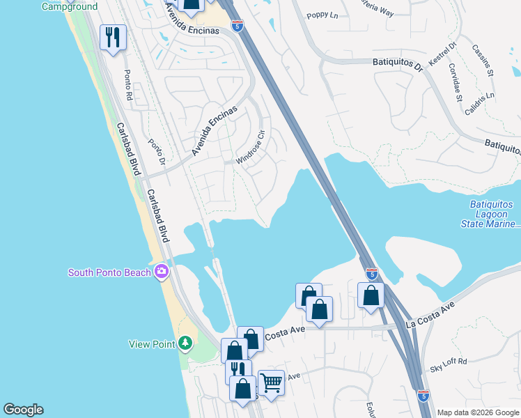 map of restaurants, bars, coffee shops, grocery stores, and more near 7566 Navigator Circle in Carlsbad