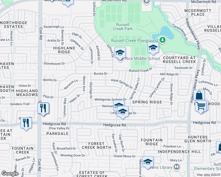 map of restaurants, bars, coffee shops, grocery stores, and more near 3529 Thorp Springs Drive in Plano