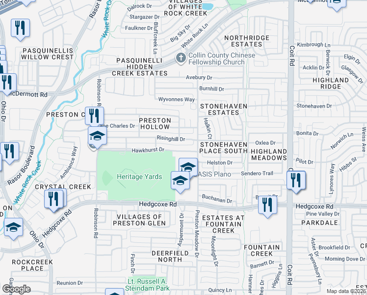 map of restaurants, bars, coffee shops, grocery stores, and more near 4515 Hawkhurst Drive in Plano