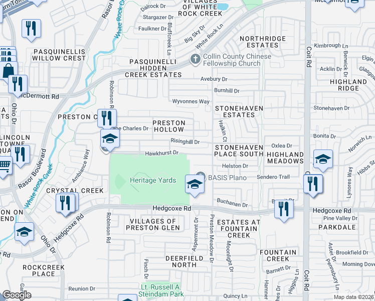 map of restaurants, bars, coffee shops, grocery stores, and more near 4518-4532 Hawkhurst Drive in Plano