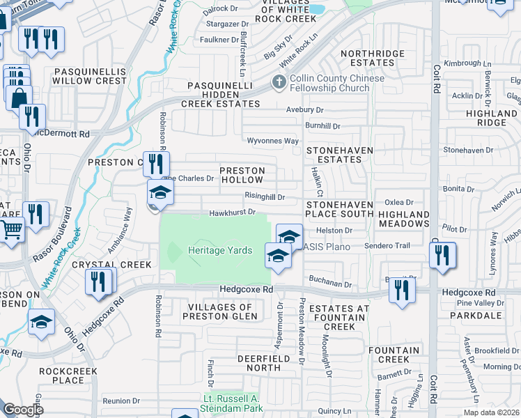 map of restaurants, bars, coffee shops, grocery stores, and more near 4529 Hawkhurst Drive in Plano