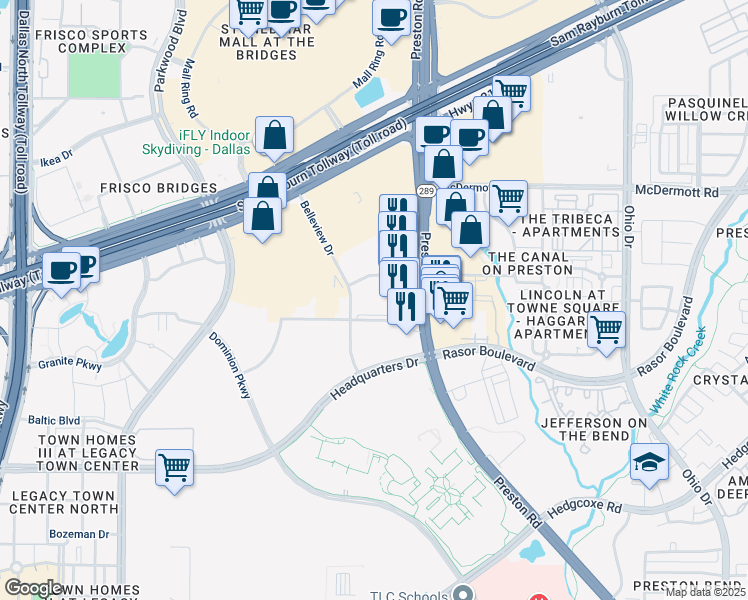 map of restaurants, bars, coffee shops, grocery stores, and more near 8245 Preston Road in Plano