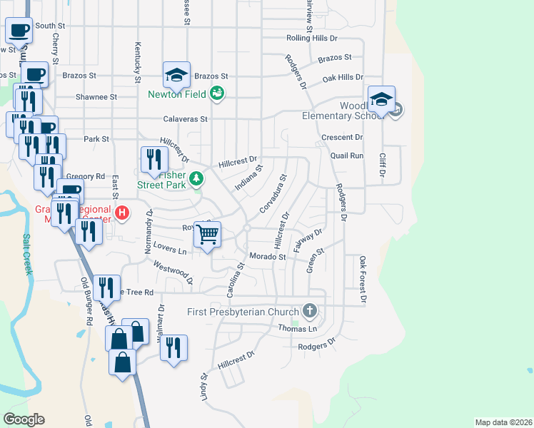 map of restaurants, bars, coffee shops, grocery stores, and more near 1355 Corvadura Street in Graham