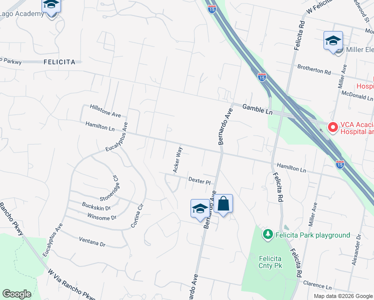 map of restaurants, bars, coffee shops, grocery stores, and more near 1273 Simeon Place in Escondido