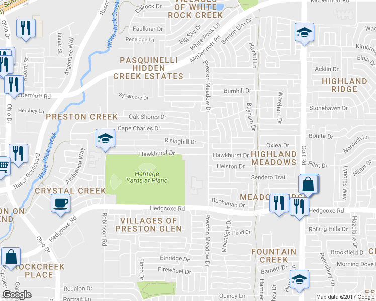 map of restaurants, bars, coffee shops, grocery stores, and more near 4515 Hawkhurst Drive in Plano