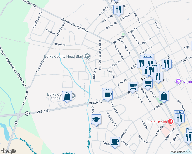 map of restaurants, bars, coffee shops, grocery stores, and more near 829 Martin Luther King Junior Drive in Waynesboro