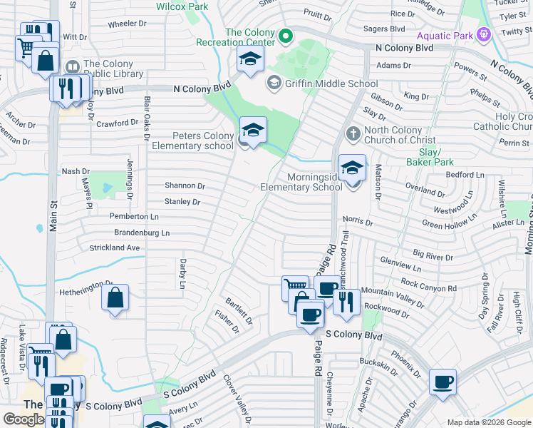 map of restaurants, bars, coffee shops, grocery stores, and more near 5201 Knox Drive in The Colony