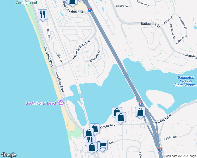 map of restaurants, bars, coffee shops, grocery stores, and more near 7566 Navigator Circle in Carlsbad
