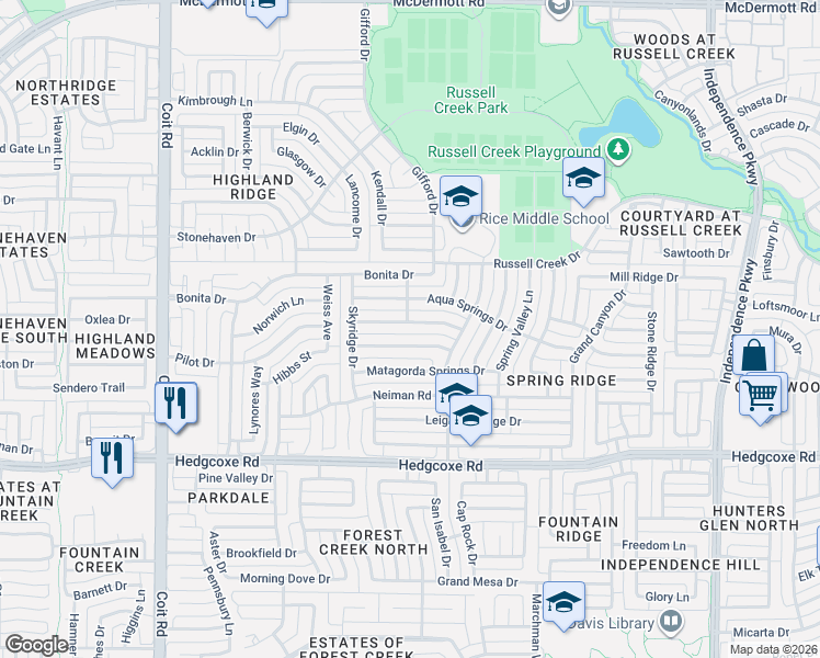 map of restaurants, bars, coffee shops, grocery stores, and more near 3529 Thorp Springs Drive in Plano