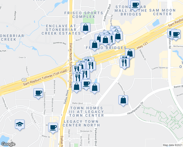map of restaurants, bars, coffee shops, grocery stores, and more near 5601 Granite Parkway in Plano