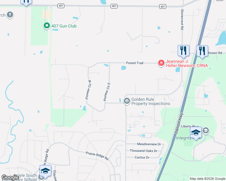 map of restaurants, bars, coffee shops, grocery stores, and more near 923 Pioneer Circle East in Argyle