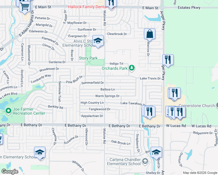 map of restaurants, bars, coffee shops, grocery stores, and more near 1605 Balboa Lane in Allen