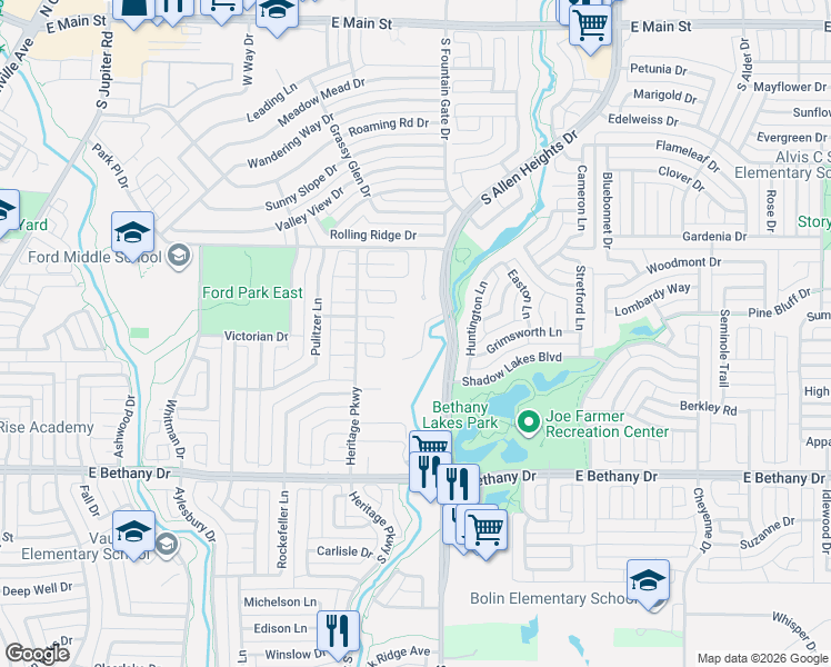 map of restaurants, bars, coffee shops, grocery stores, and more near 720 Creek Valley Court in Allen