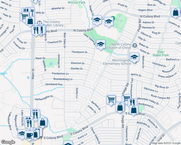 map of restaurants, bars, coffee shops, grocery stores, and more near 5116 Stanley Drive in The Colony