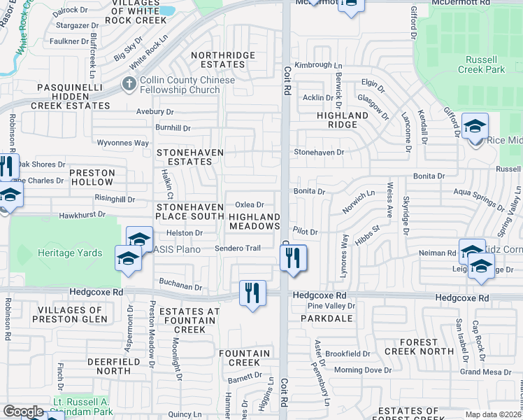 map of restaurants, bars, coffee shops, grocery stores, and more near 4009 Guthrie Drive in Plano