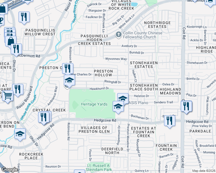 map of restaurants, bars, coffee shops, grocery stores, and more near 4529 Hawkhurst Drive in Plano
