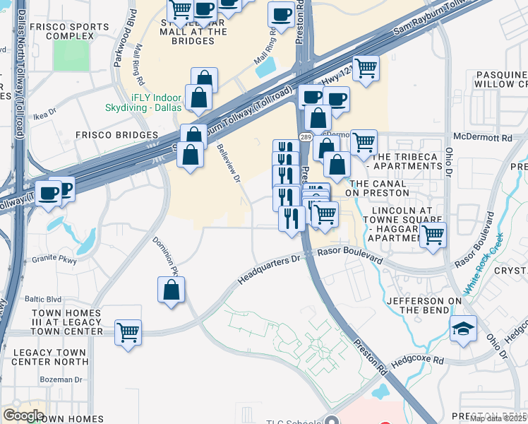 map of restaurants, bars, coffee shops, grocery stores, and more near 5340 Towne Square Drive in Plano