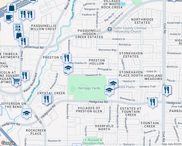 map of restaurants, bars, coffee shops, grocery stores, and more near 4543 Hawkhurst Drive in Plano