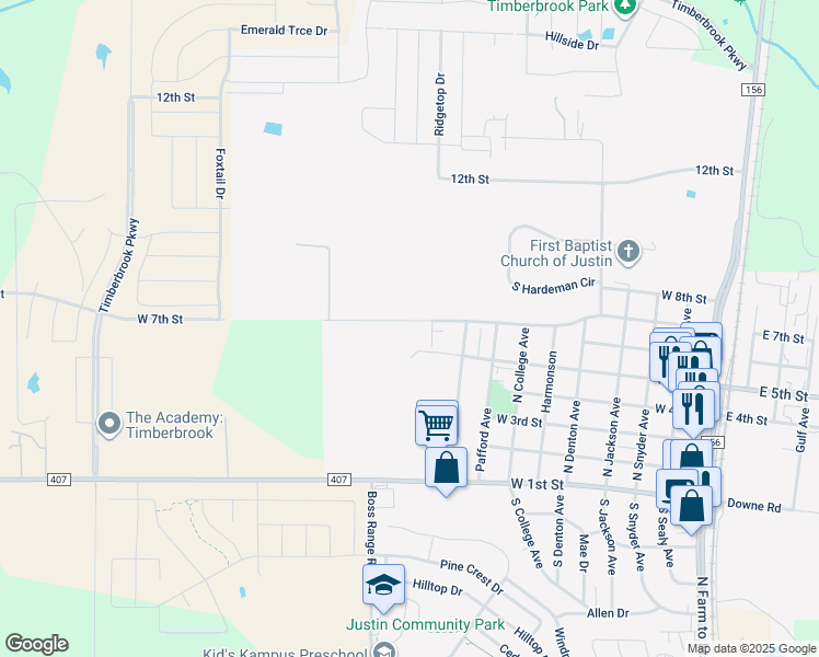 map of restaurants, bars, coffee shops, grocery stores, and more near 1501 West 7th Street in Justin