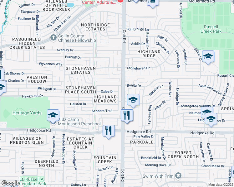 map of restaurants, bars, coffee shops, grocery stores, and more near 4009 Guthrie Drive in Plano