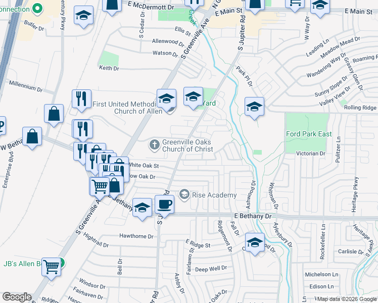 map of restaurants, bars, coffee shops, grocery stores, and more near 601 Rockcrossing Lane in Allen