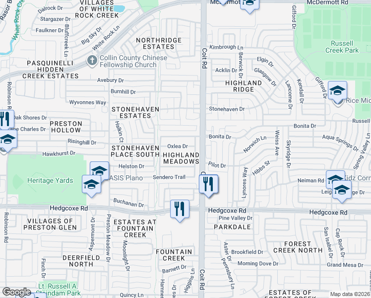 map of restaurants, bars, coffee shops, grocery stores, and more near 4009 Guthrie Drive in Plano