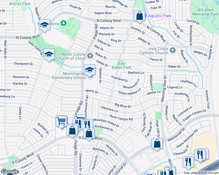 map of restaurants, bars, coffee shops, grocery stores, and more near 5537 Green Hollow Lane in The Colony
