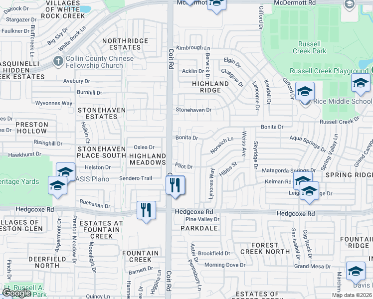 map of restaurants, bars, coffee shops, grocery stores, and more near 8212 Bartley Circle in Plano