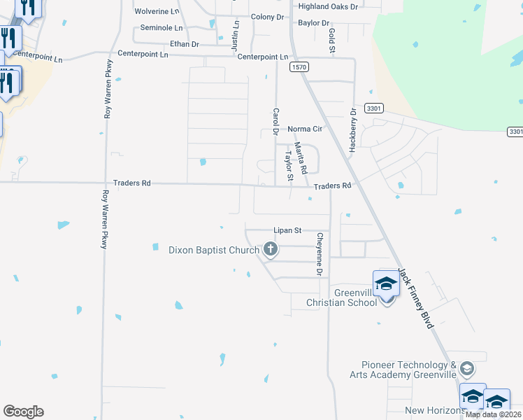 map of restaurants, bars, coffee shops, grocery stores, and more near 148 Lipan Street in Greenville