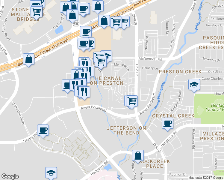 map of restaurants, bars, coffee shops, grocery stores, and more near 8225 Towne Main Drive in Plano