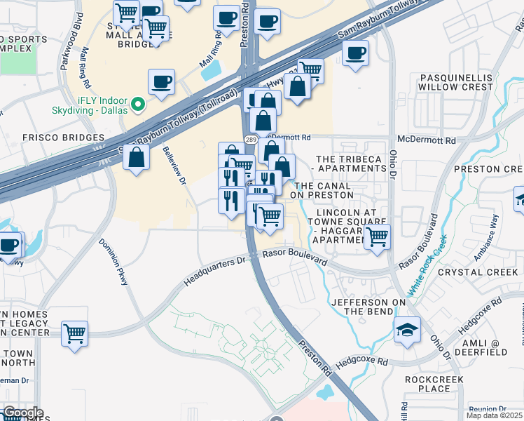 map of restaurants, bars, coffee shops, grocery stores, and more near 8240 Preston Road in Plano