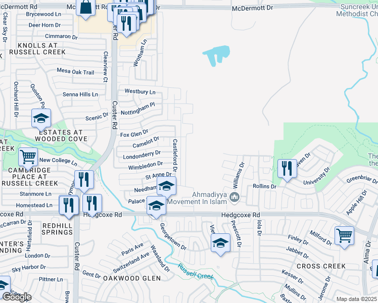 map of restaurants, bars, coffee shops, grocery stores, and more near 554 Farrell Lane in Allen