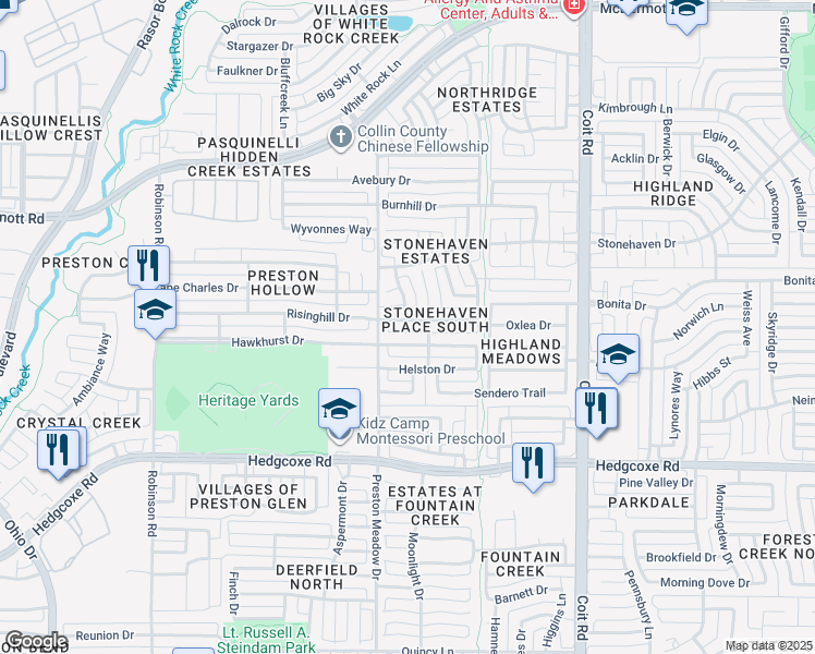 map of restaurants, bars, coffee shops, grocery stores, and more near 4409 Hawkhurst Drive in Plano