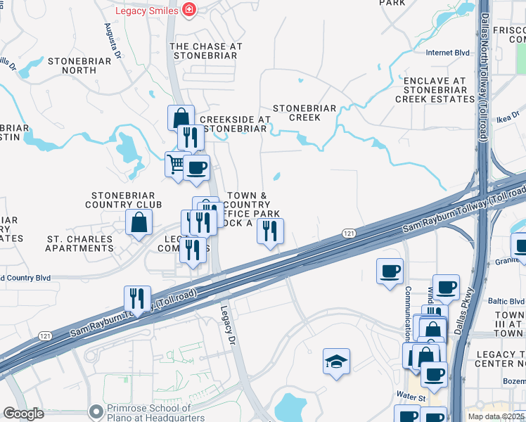 map of restaurants, bars, coffee shops, grocery stores, and more near 5800 Town and Country Boulevard in Frisco