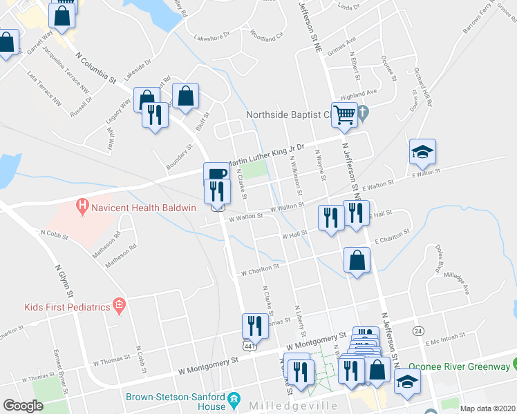 map of restaurants, bars, coffee shops, grocery stores, and more near 331 West Walton Street in Milledgeville