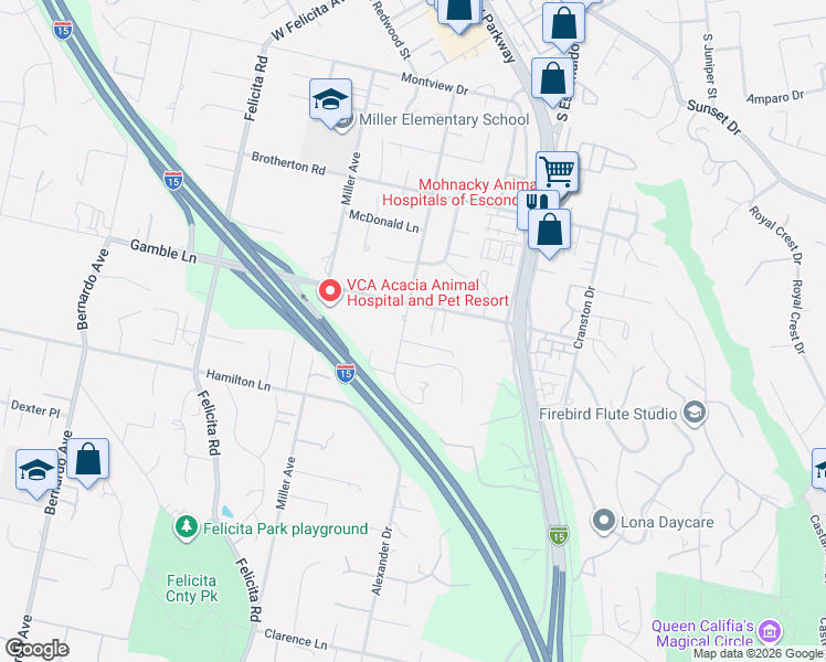 map of restaurants, bars, coffee shops, grocery stores, and more near 2116 Alexander Drive in Escondido