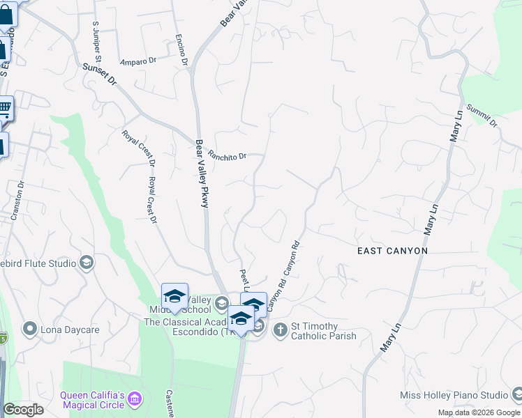 map of restaurants, bars, coffee shops, grocery stores, and more near 2530 Peet Lane in Escondido