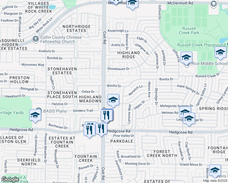 map of restaurants, bars, coffee shops, grocery stores, and more near 8212 Bartley Circle in Plano