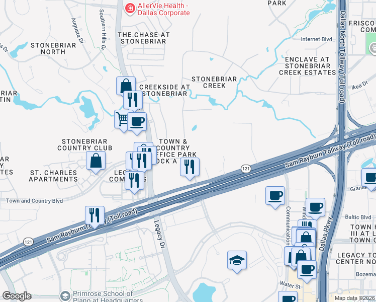 map of restaurants, bars, coffee shops, grocery stores, and more near 5850 Town and Country Boulevard in Frisco