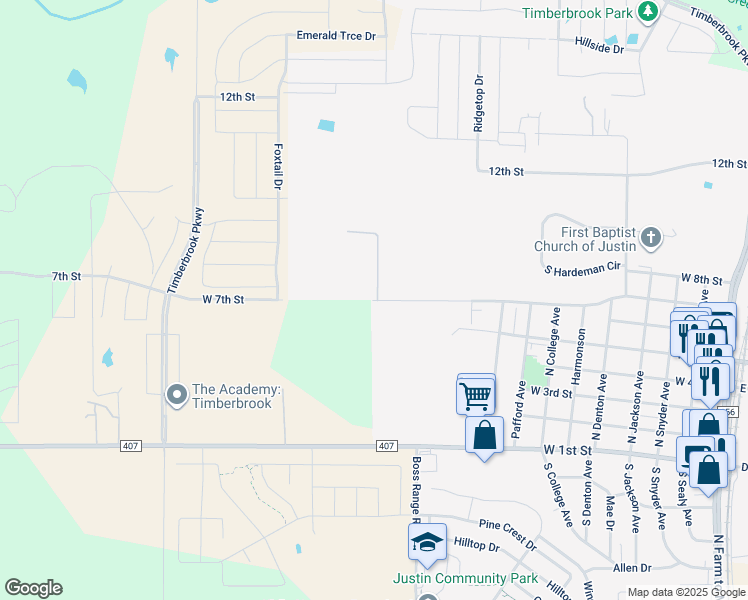 map of restaurants, bars, coffee shops, grocery stores, and more near West 7th Street in Justin