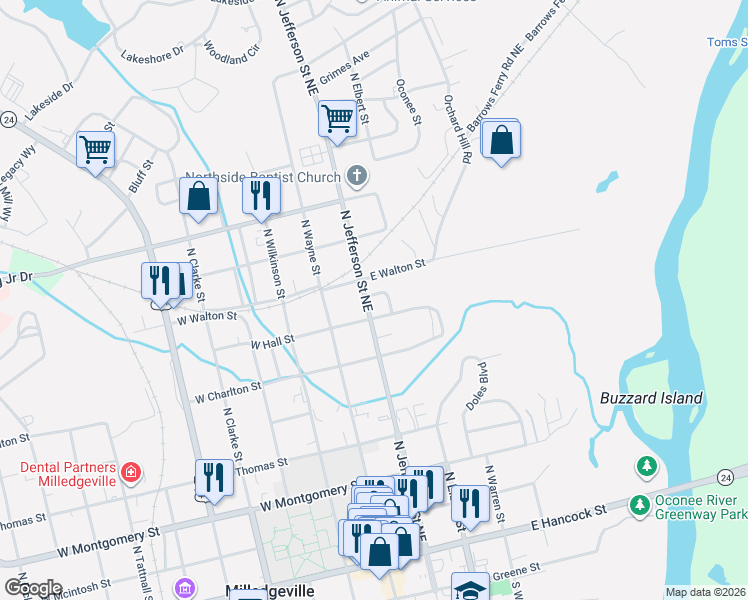map of restaurants, bars, coffee shops, grocery stores, and more near 651 North Jefferson Street Northeast in Milledgeville