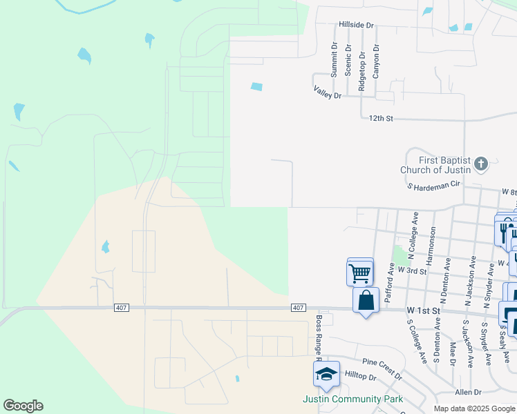 map of restaurants, bars, coffee shops, grocery stores, and more near 1501 West 7th Street in Justin