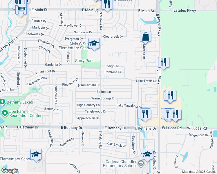 map of restaurants, bars, coffee shops, grocery stores, and more near 1616 Balboa Lane in Allen