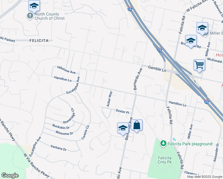 map of restaurants, bars, coffee shops, grocery stores, and more near Hamilton Lane in San Diego County