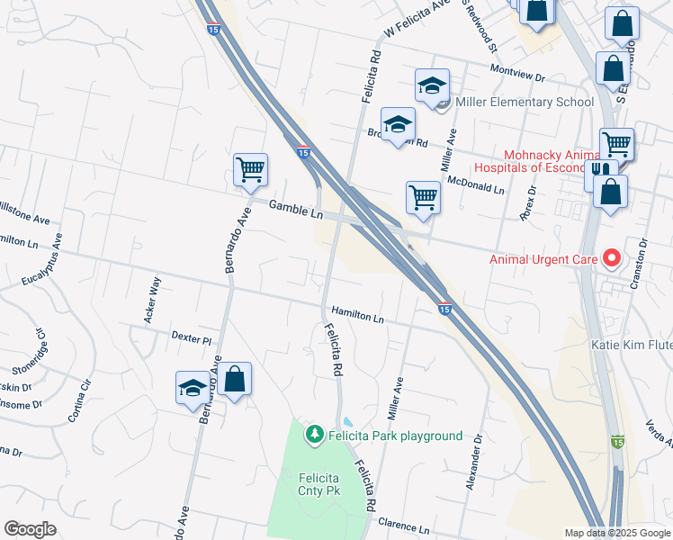 map of restaurants, bars, coffee shops, grocery stores, and more near 831 Monticello Drive in Escondido