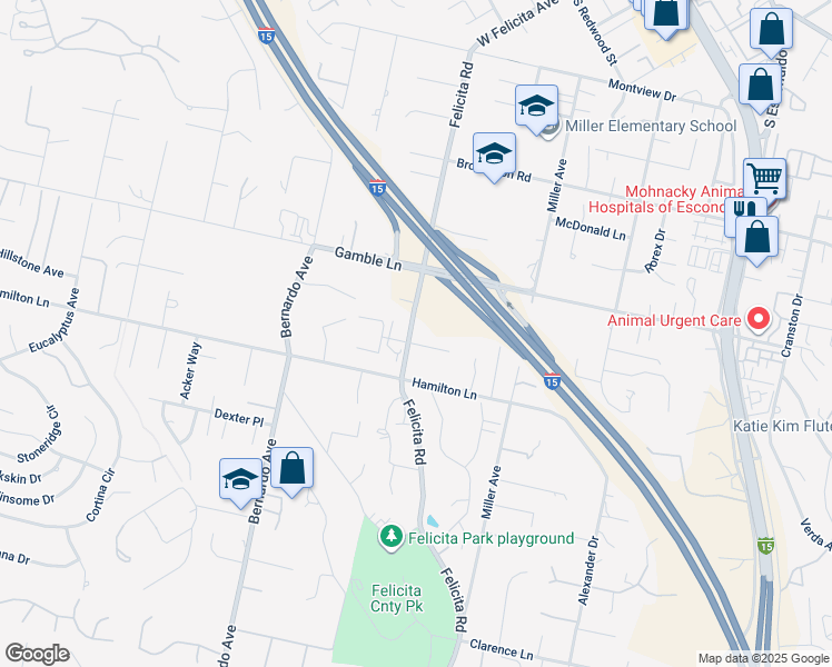 map of restaurants, bars, coffee shops, grocery stores, and more near 831 Monticello Drive in Escondido