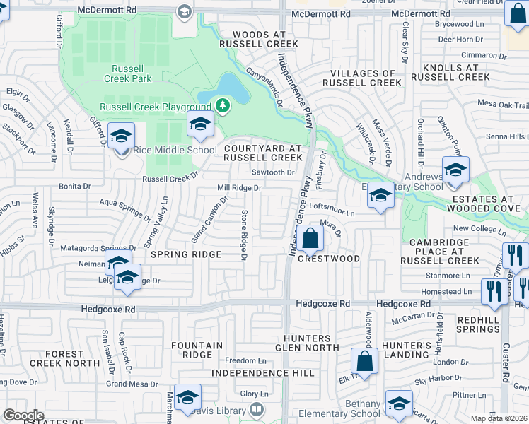 map of restaurants, bars, coffee shops, grocery stores, and more near 3024 Devlin Ridge Drive in Plano