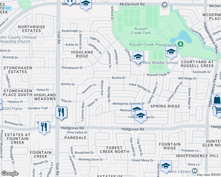 map of restaurants, bars, coffee shops, grocery stores, and more near 3621 Thorp Springs Drive in Plano